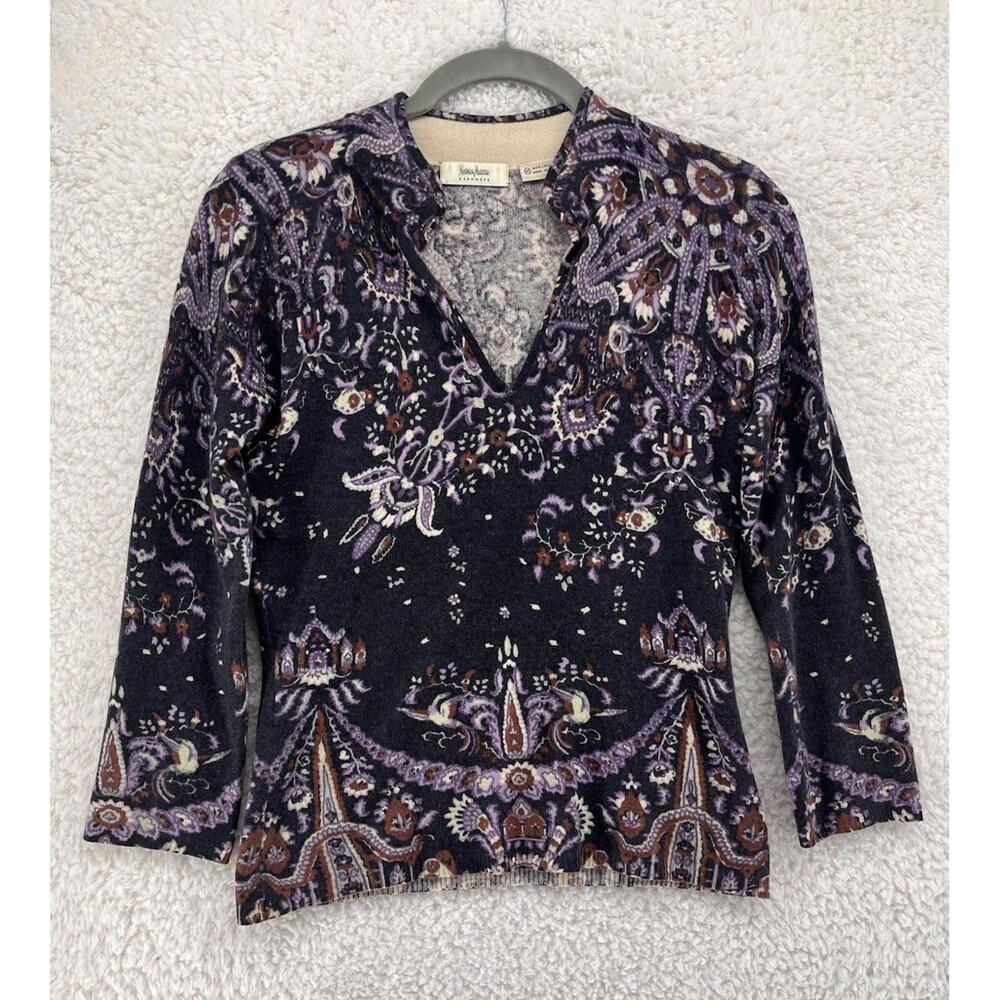 Neiman Marcus Sweater Womens XS 100% Cashmere Purple Long Sleeve Printed Luxury